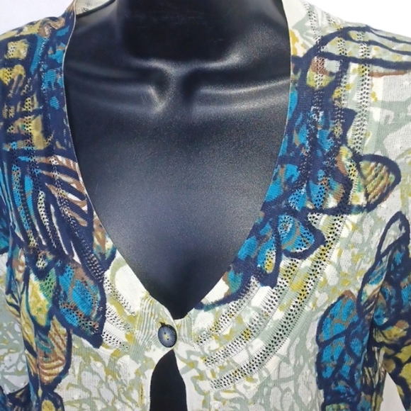 NIC+ZOE Floral Cardigan Sweater Leaf Lightweight Cotton Knit Blue Green Ivory - Picture 2 of 6